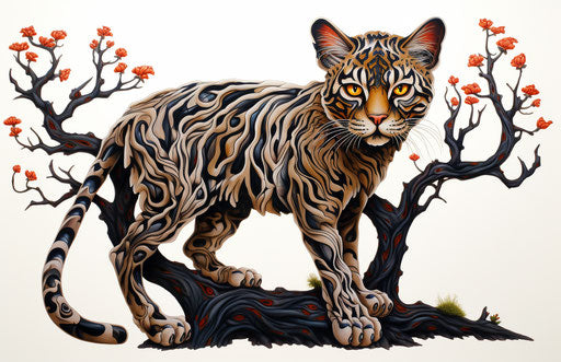 A cat walking on a tree, jagged edges style, explosive pigmentation