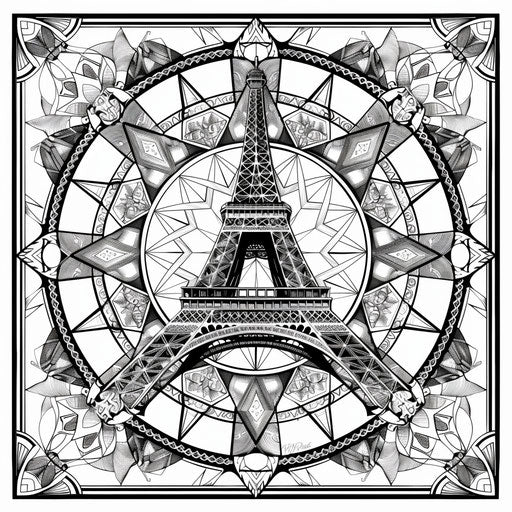 Intricate mandala with the Eiffel Tower at the center, surrounded by detailed patterns