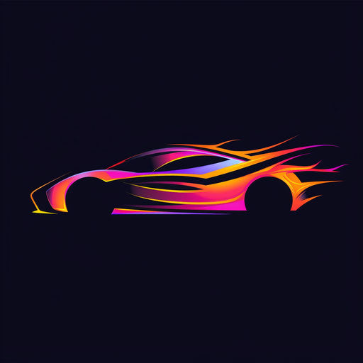 Dynamic car logo with motion-inspired shapes and vibrant colors, on a black background