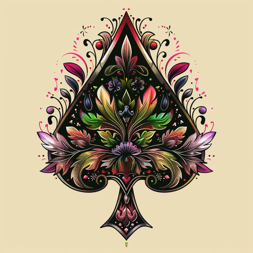 Tattoo sketch of a spade with intricate botanical motifs