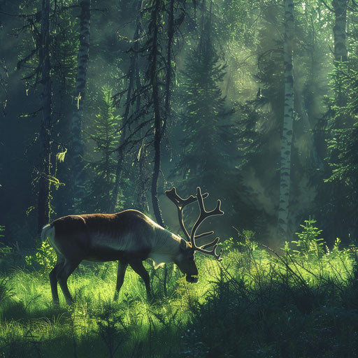 Woodland caribou grazing in a lush forest under the soft morning sun glow.