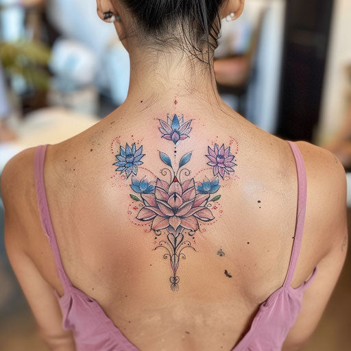 Wildflower tattoo with lotus, spiritual theme, soft pinks and blues, serene design