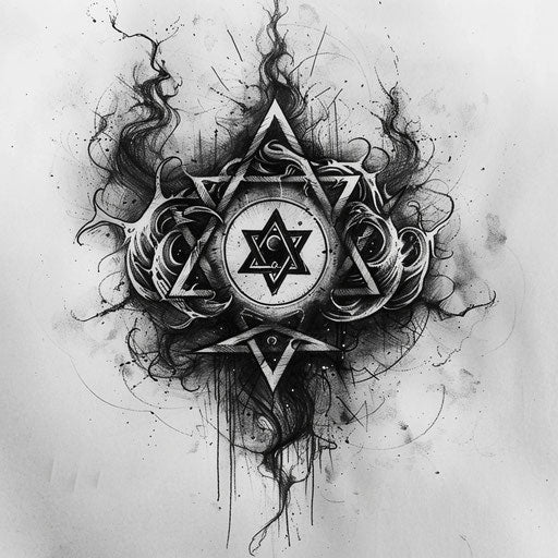 Mystical flat tattoo sketch of an occult chaos symbol surrounded by ethereal mist