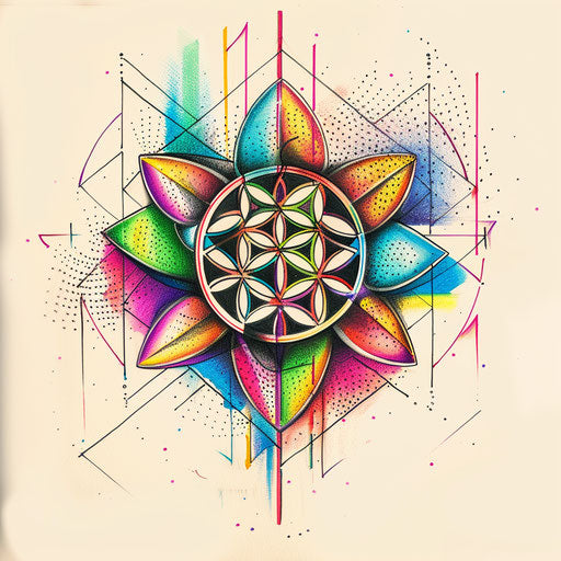 Vintage tattoo sketch of the Flower of Life, 80s neon colors and geometric shapes