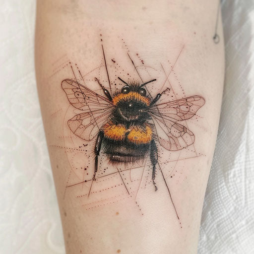 Geometric bee tattoo vividly contrasted against white