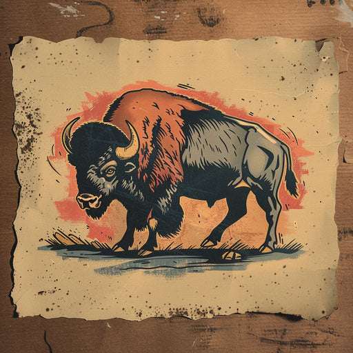 Flat tattoo sketch of a bison with a vintage color scheme and retro art style