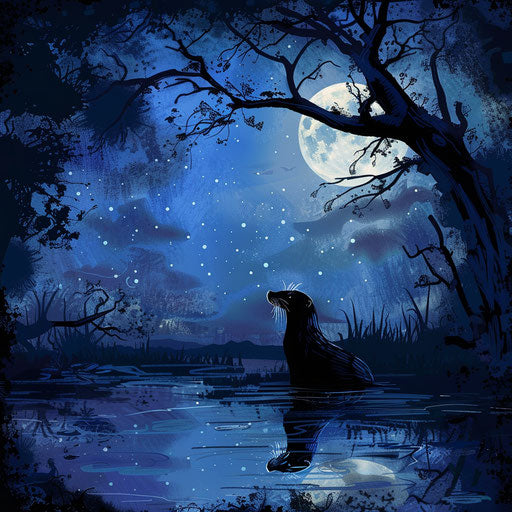 Magical night scene with an otter silhouetted against a moonlit pond