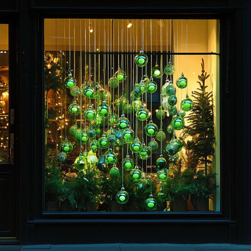Charming shop window display with cascade of green Christmas bulbs