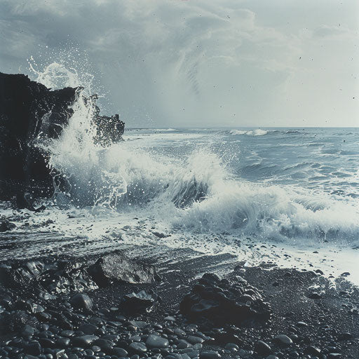 Black sand beach with dramatic waves crashing against the rocky shore