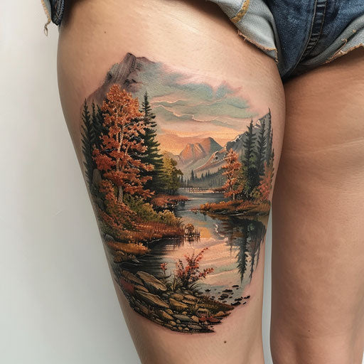 Serene landscape in realistic tattoos on the thigh
