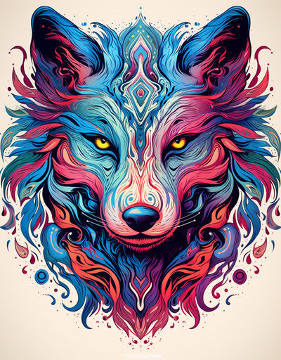 Tribal Wolf tattoo, vibrant colors, distinct shapes