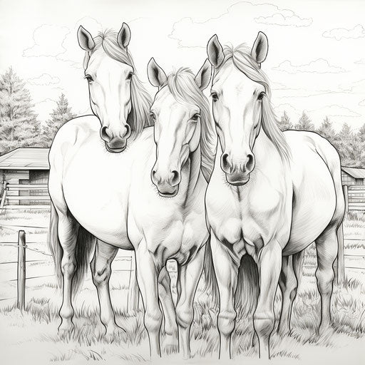 Coloring page with three horses standing next to each other, depicting rural life