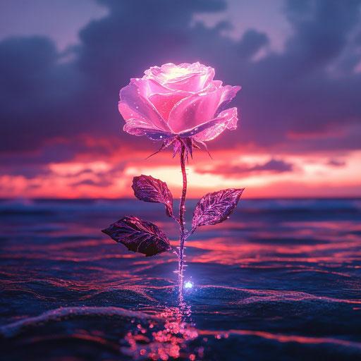 Pink rose glowing with crystal lights on the sea at sunset
