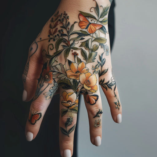 Botanical hand tattoo with delicate butterflies