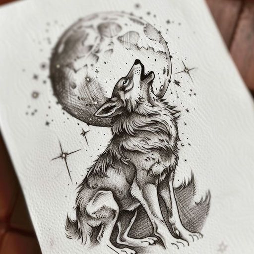 Black and grey shading tattoo design of a wolf howling at a moon with stars, on a white canvas