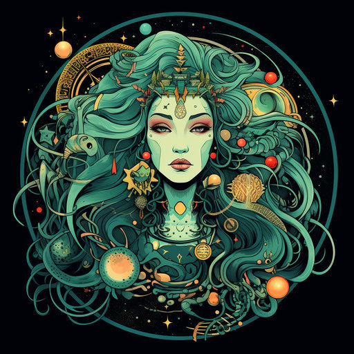 The medusa goddess woman with moon-shaped hair