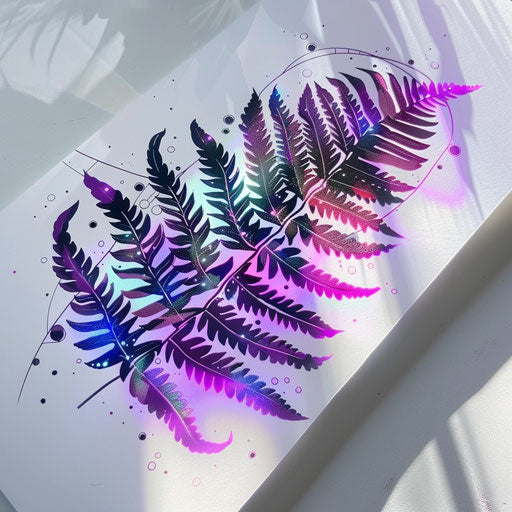 Futuristic digital fern tattoo, neon colors & cyber patterns