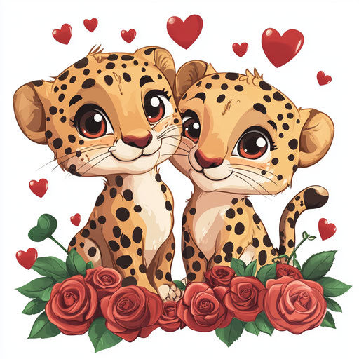 Cute cartoon baby cheetah couple on Valentine's Day