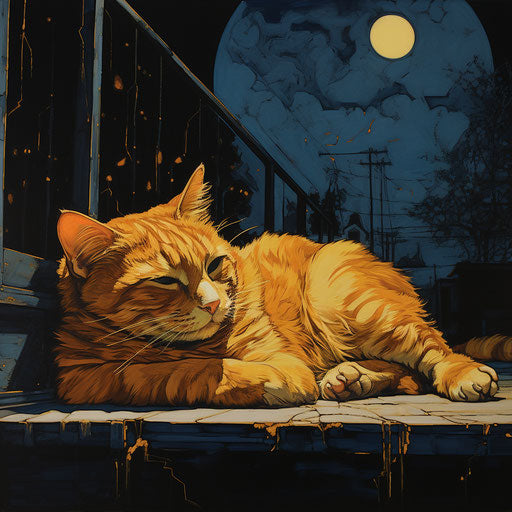 Orange cat laying outside at night