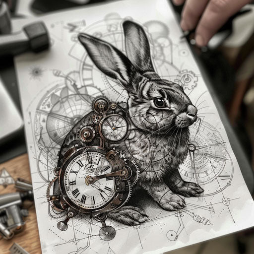 Flat tattoo sketch of a black rabbit with a clockwork steampunk design