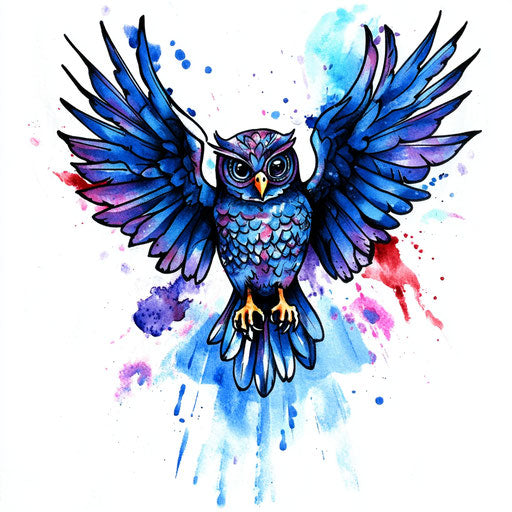 Beautiful flat tattoo sketch owl with vibrant watercolor splashes