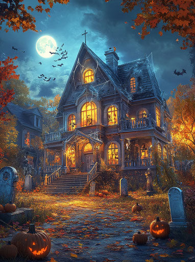 Haunted house with spooky atmosphere and witch flying on broomstick in realistic painting