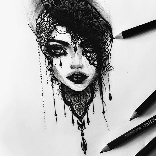 Flat tattoo sketch in gothic style featuring deep black ink and intricate lace patterns