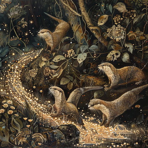 Otters playfully sliding into a sparkling stream