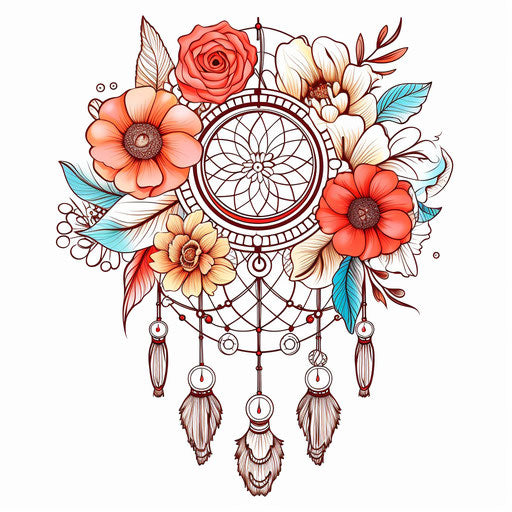 Dream catcher drawing on white background with flowers, bold outline style
