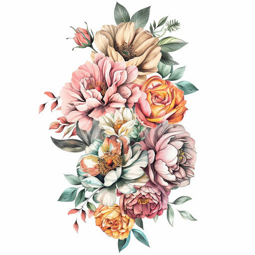 Elegant sketch of birth flower bouquet with roses and peonies