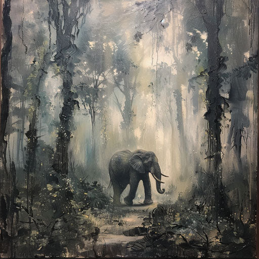 Elephant's gentle walk in the misty forest
