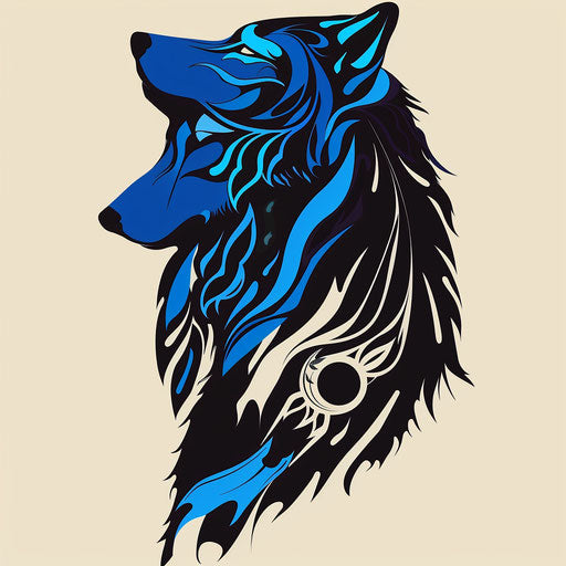 Silhouette of wolf in blue and black, flat clipart style