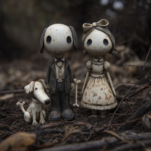 A couple with a small skeletal dog at their feet