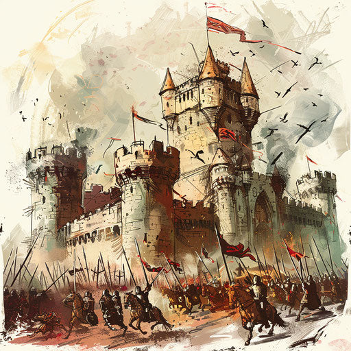 Dynamic tattoo sketch of a medieval castle under siege with knights and archers, in bold reds and browns, in an action-packed clipart style