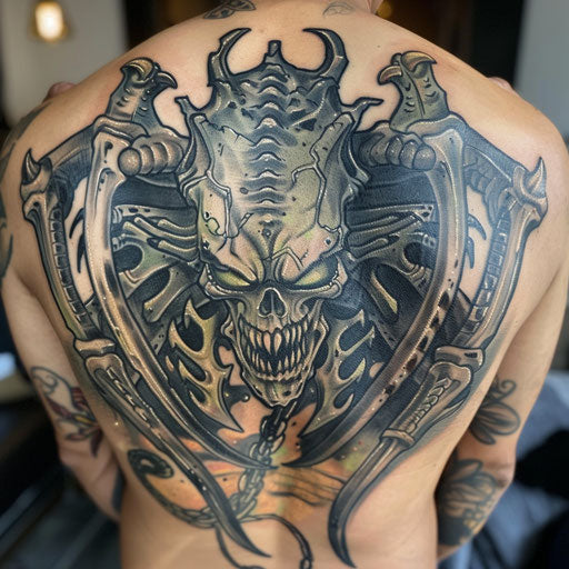 Lower back tattoo of an alien, in the style of Humberto Ramos