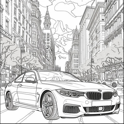 BMW car in intricate urban landscape with detailed buildings
