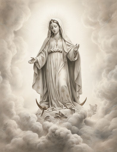 Lady of Guadalupe standing on silver and gray clouds