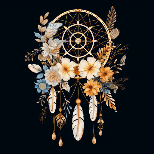 Dream catcher with golden flowers and white triangle