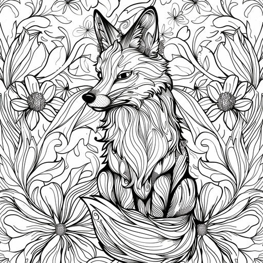 Sophisticated fox with delicate designs in the style of Megan Hess coloring book page
