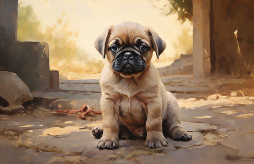 Young pug sitting on dirt road