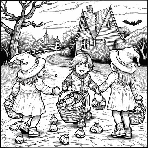 Children collecting candy corn in trick-or-treat baskets