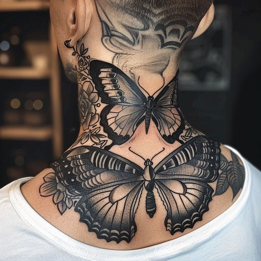 Butterfly neck tattoo with dark fantasy