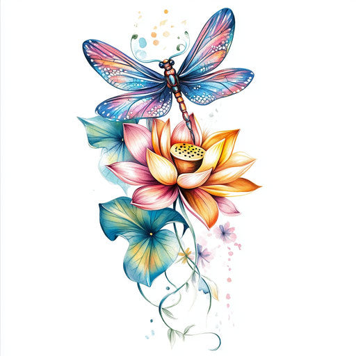 Upper arm tattoo with dragonfly and lotus flower