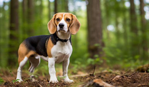 Beagle standing in a field posing portrait of person