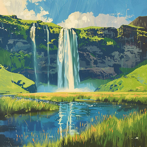 Waterfall in Iceland in a minimalist artistic style