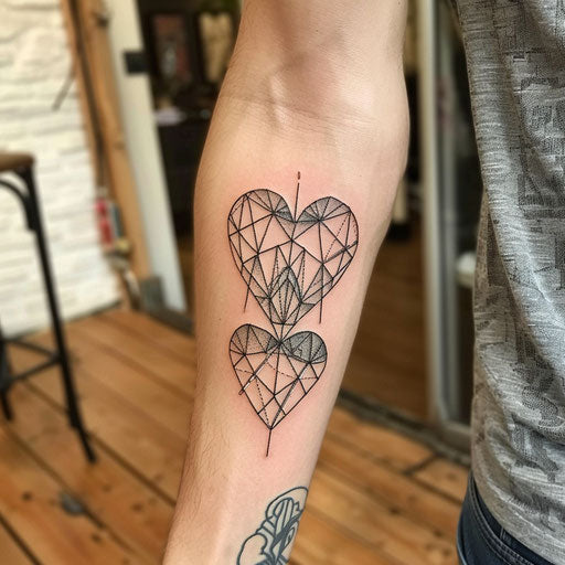 Couple tattoo with intertwined geometric hearts