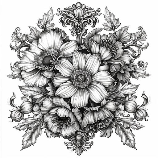 Baroque-inspired floral arrangement with elaborate details