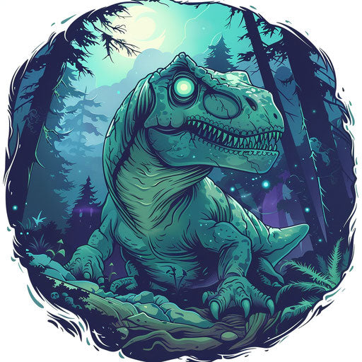 Mystical flat tattoo sketch of a T rex with glowing eyes in a mystical forest, eerie greens and blues, clipart style