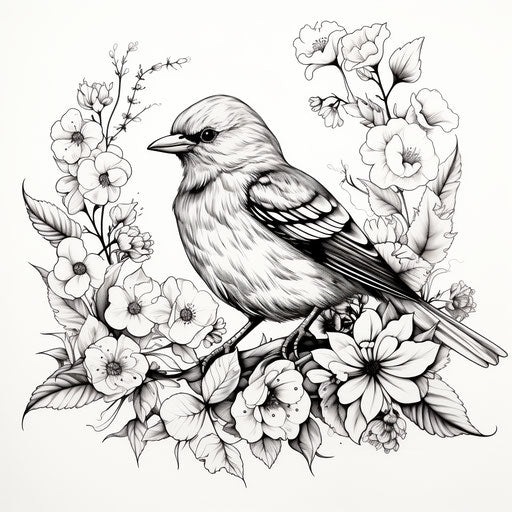 Black and white tattoo of a bird and flowers