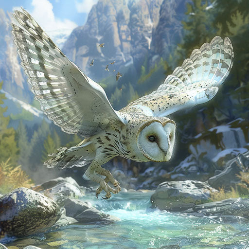 Spotted owl in flight above a clear mountain stream